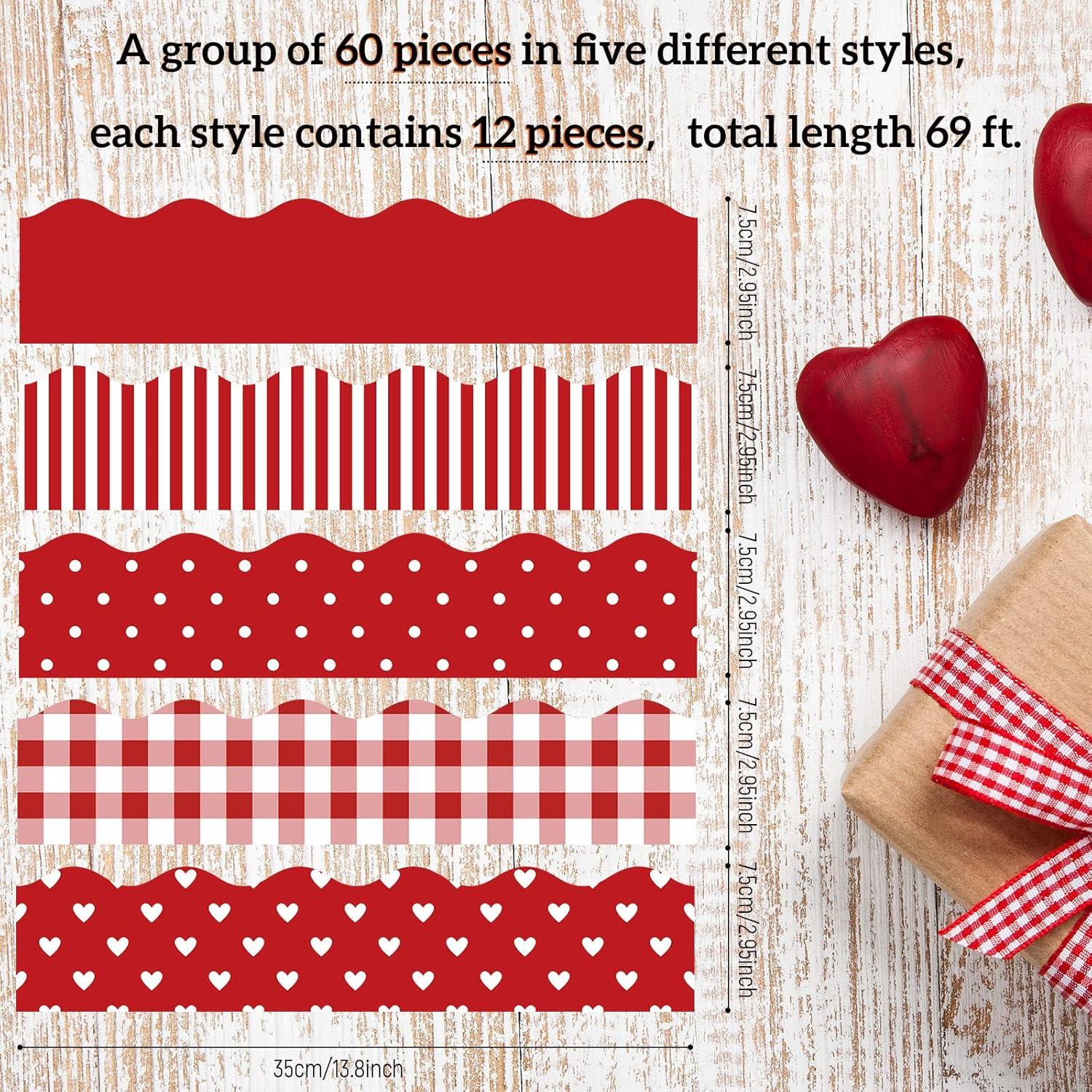 imageWhaline 69 Feet Valentines Day Bulletin Board Borders 5 Styles 60 Pieces Rolled Border Scalloped Border Heart Plaid Spot Stripe Red Bulletin Board Stickers for Decoration Party Home OfficeRed