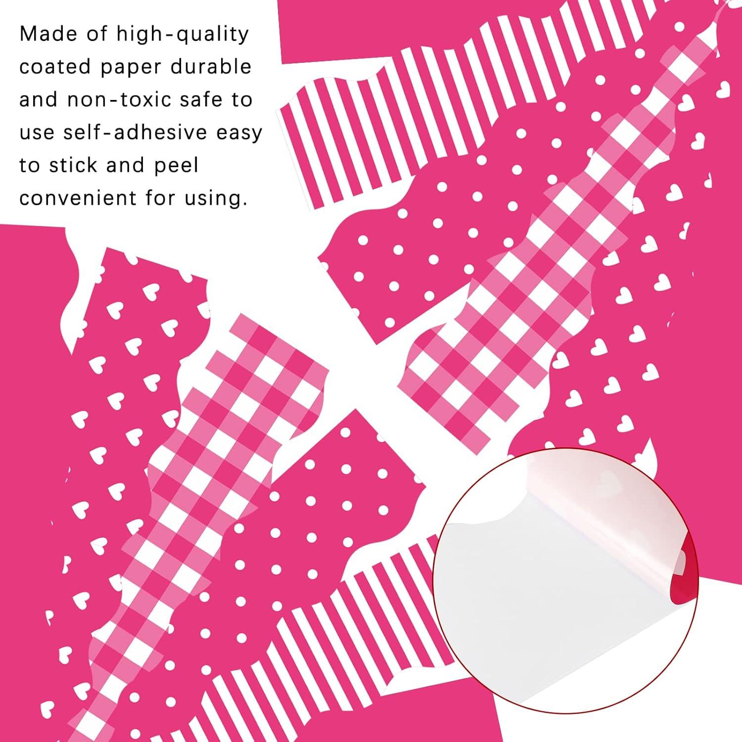imageWhaline 69 Feet Valentines Day Bulletin Board Borders 5 Styles 60 Pieces Rolled Border Scalloped Border Heart Plaid Spot Stripe Red Bulletin Board Stickers for Decoration Party Home OfficeRose Pink