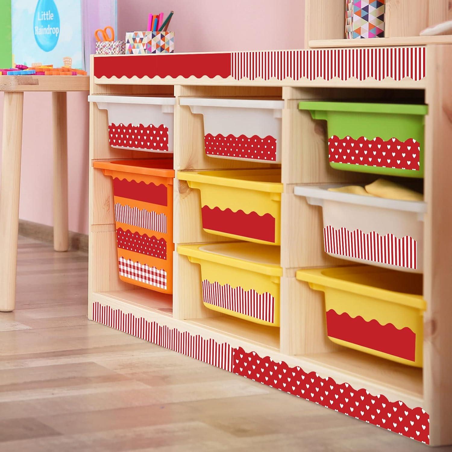 imageWhaline 69 Feet Valentines Day Bulletin Board Borders 5 Styles 60 Pieces Rolled Border Scalloped Border Heart Plaid Spot Stripe Red Bulletin Board Stickers for Decoration Party Home OfficeRed