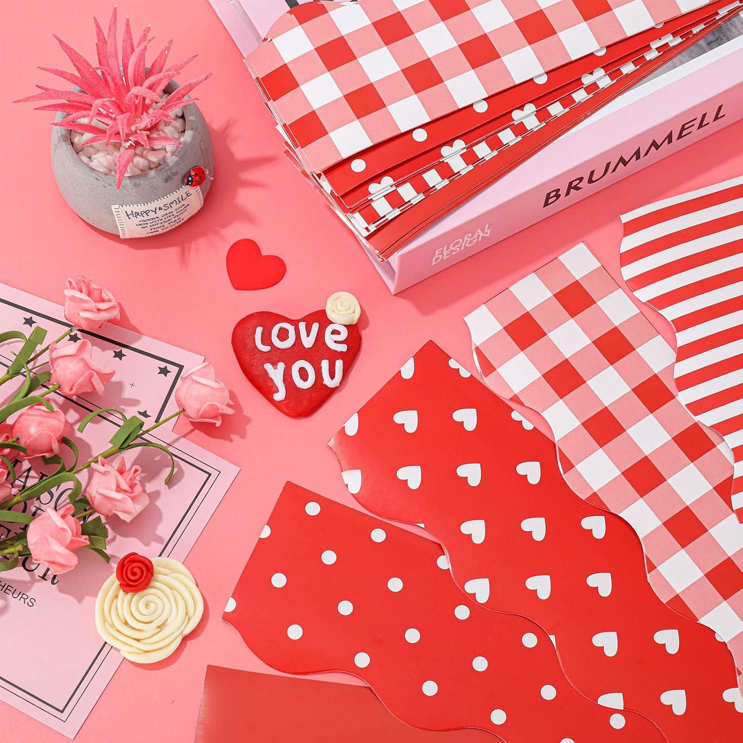 imageWhaline 69 Feet Valentines Day Bulletin Board Borders 5 Styles 60 Pieces Rolled Border Scalloped Border Heart Plaid Spot Stripe Red Bulletin Board Stickers for Decoration Party Home OfficeRed