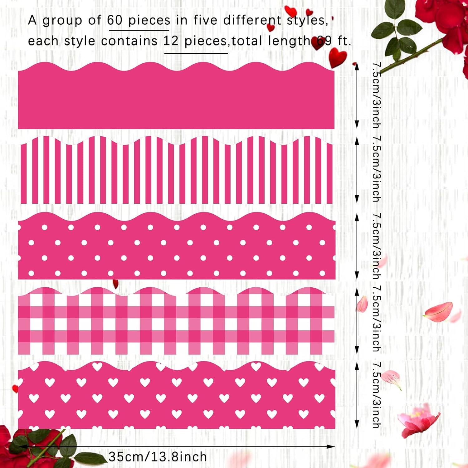 imageWhaline 69 Feet Valentines Day Bulletin Board Borders 5 Styles 60 Pieces Rolled Border Scalloped Border Heart Plaid Spot Stripe Red Bulletin Board Stickers for Decoration Party Home OfficeRose Pink