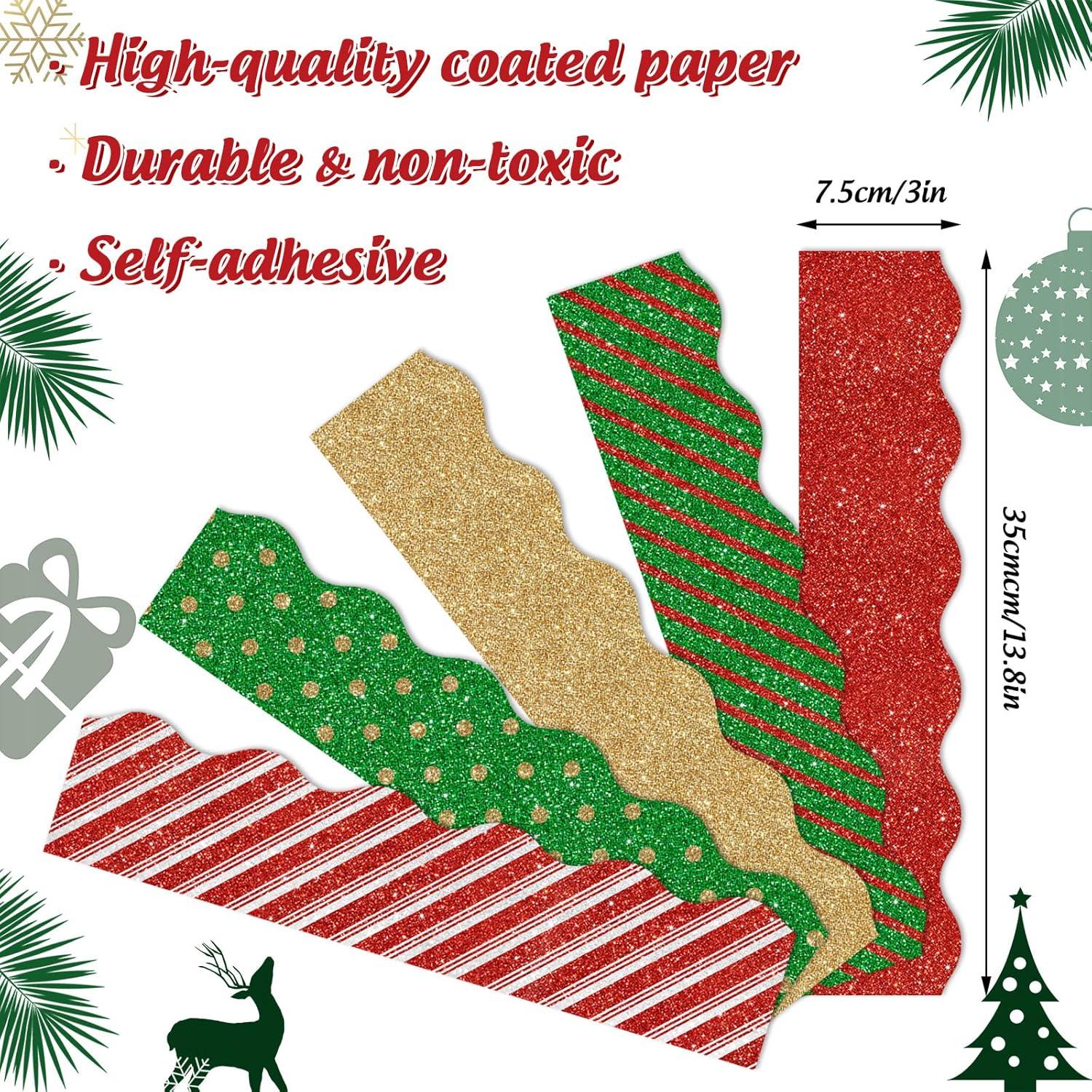 imageWhaline 69Ft Christmas Glitter Bulletin Board Borders 5 Designs Shine Stripe Dot Red Green Gold Merry Christmas Decoration Trim Bulletin Board Stickers for School Classroom Office Party DecorationChristmas