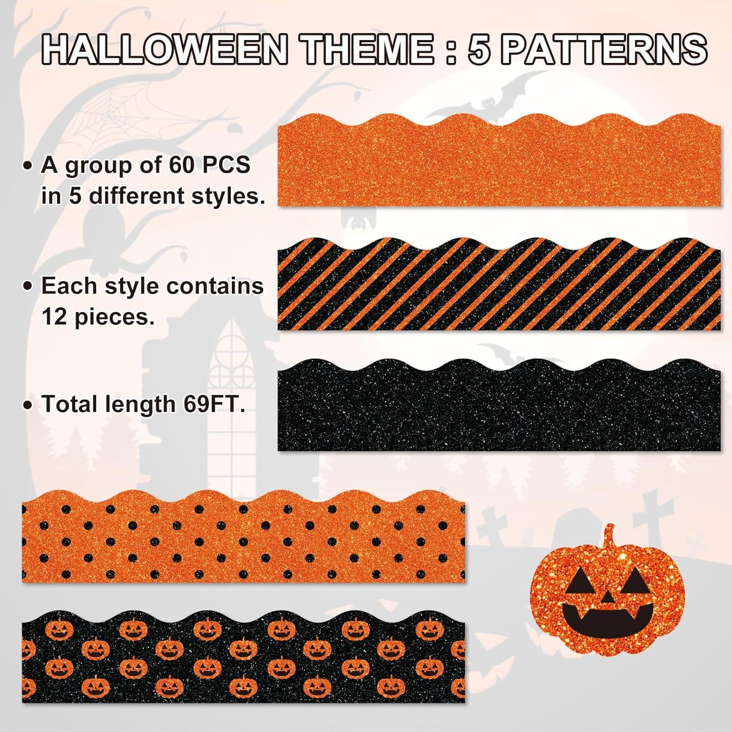 imageWhaline 69Ft Christmas Glitter Bulletin Board Borders 5 Designs Shine Stripe Dot Red Green Gold Merry Christmas Decoration Trim Bulletin Board Stickers for School Classroom Office Party DecorationHalloween Pumpkin