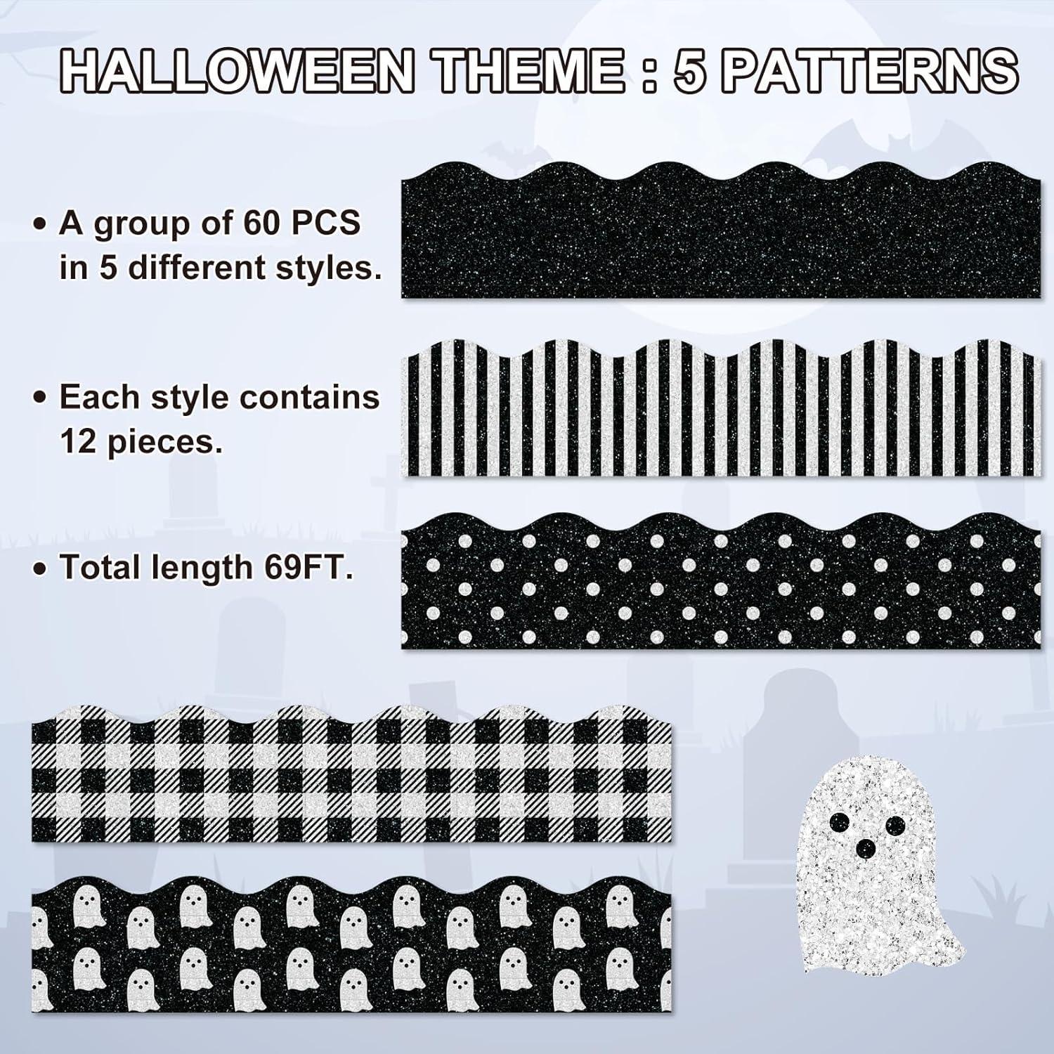 imageWhaline 69Ft Christmas Glitter Bulletin Board Borders 5 Designs Shine Stripe Dot Red Green Gold Merry Christmas Decoration Trim Bulletin Board Stickers for School Classroom Office Party DecorationHalloween Ghost