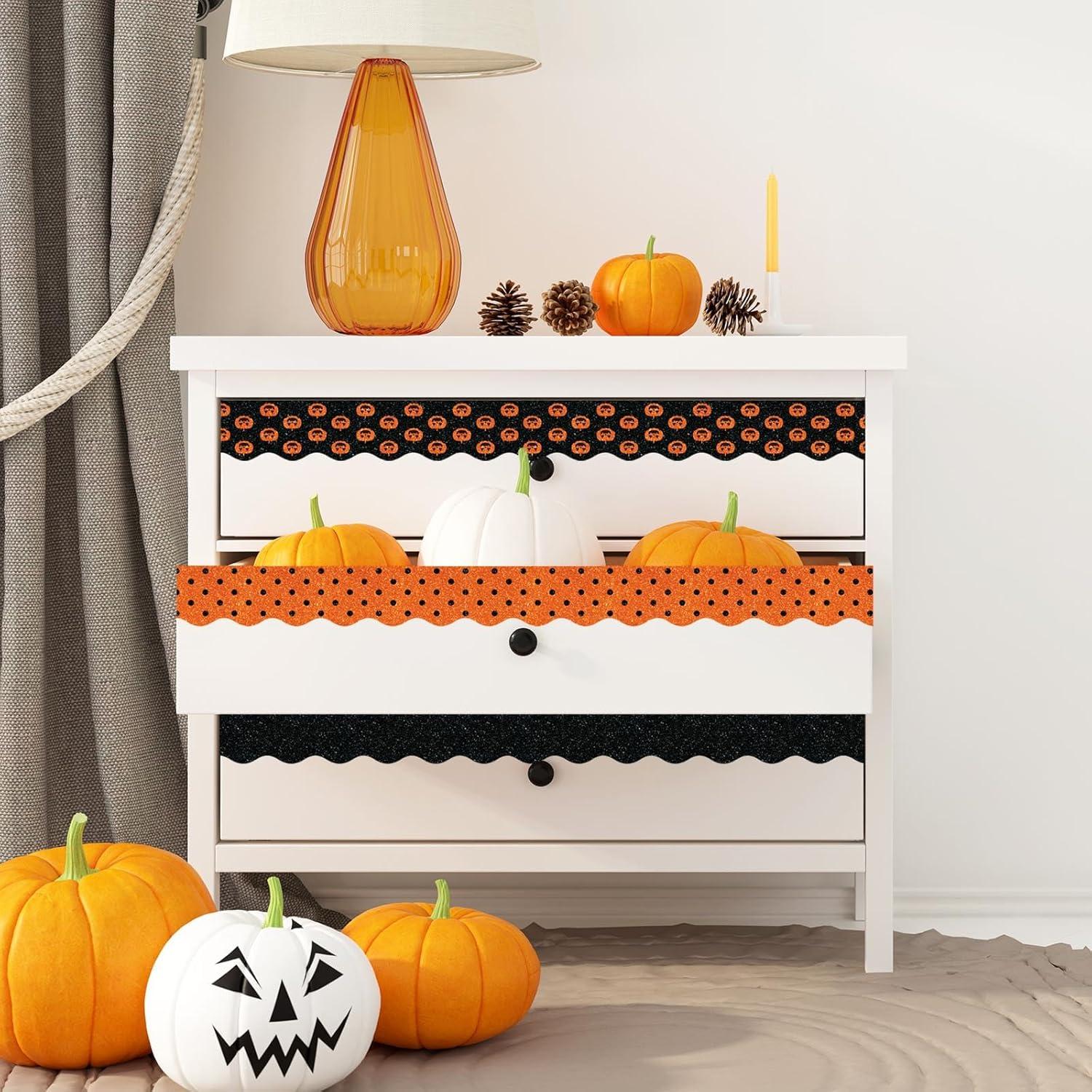 imageWhaline 69Ft Christmas Glitter Bulletin Board Borders 5 Designs Shine Stripe Dot Red Green Gold Merry Christmas Decoration Trim Bulletin Board Stickers for School Classroom Office Party DecorationHalloween Pumpkin