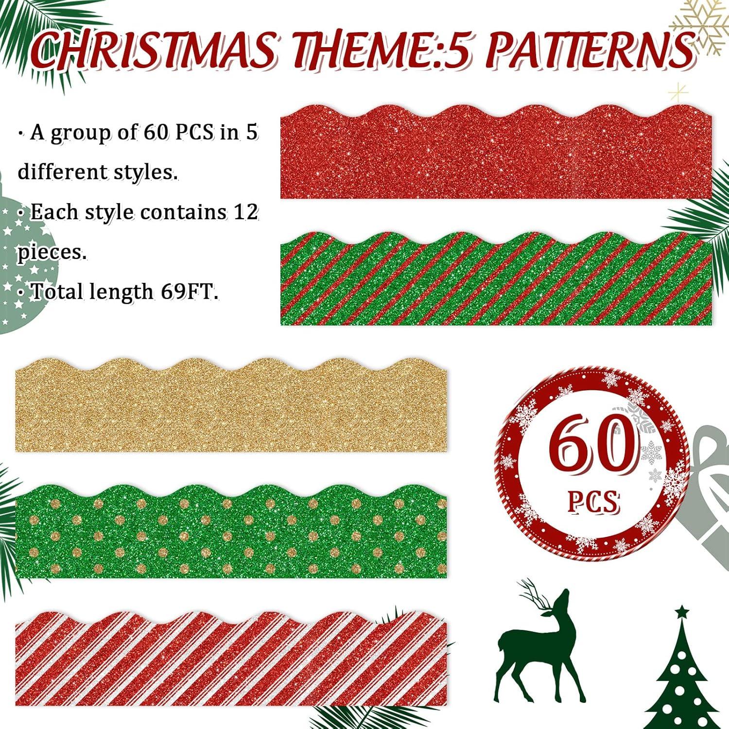 imageWhaline 69Ft Christmas Glitter Bulletin Board Borders 5 Designs Shine Stripe Dot Red Green Gold Merry Christmas Decoration Trim Bulletin Board Stickers for School Classroom Office Party DecorationChristmas