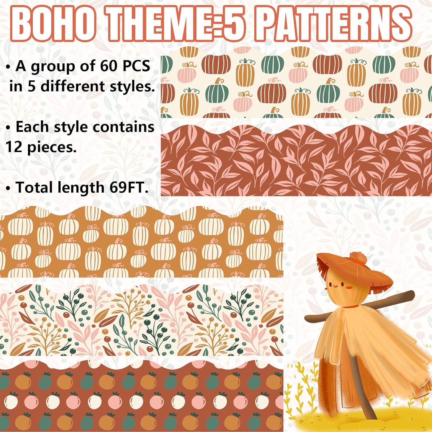 imageWhaline 69Ft Fall Boho Bulletin Board Borders Pumpkin Leaves Scalloped Border Trim Autumn Retro Bulletin Board Stickers for School Home Office Decor