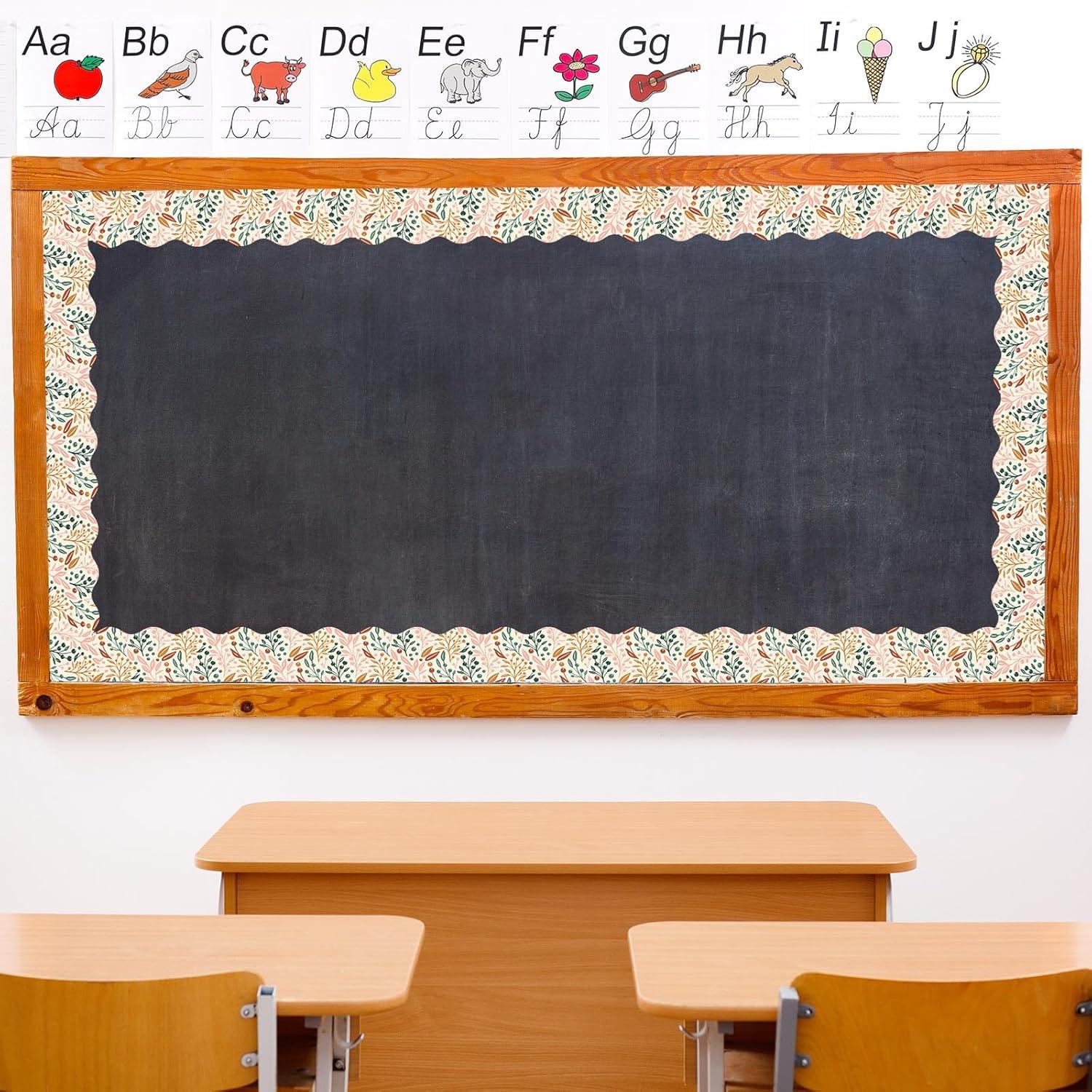 imageWhaline 69Ft Fall Boho Bulletin Board Borders Pumpkin Leaves Scalloped Border Trim Autumn Retro Bulletin Board Stickers for School Home Office Decor