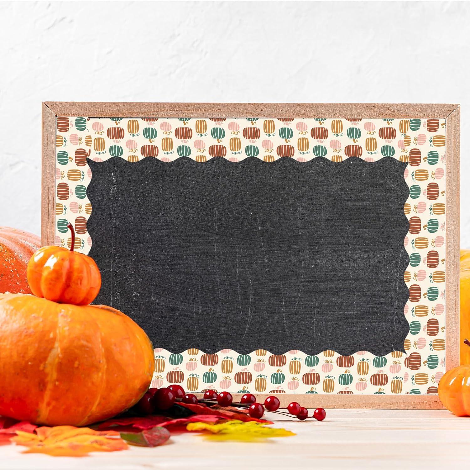 imageWhaline 69Ft Fall Boho Bulletin Board Borders Pumpkin Leaves Scalloped Border Trim Autumn Retro Bulletin Board Stickers for School Home Office Decor
