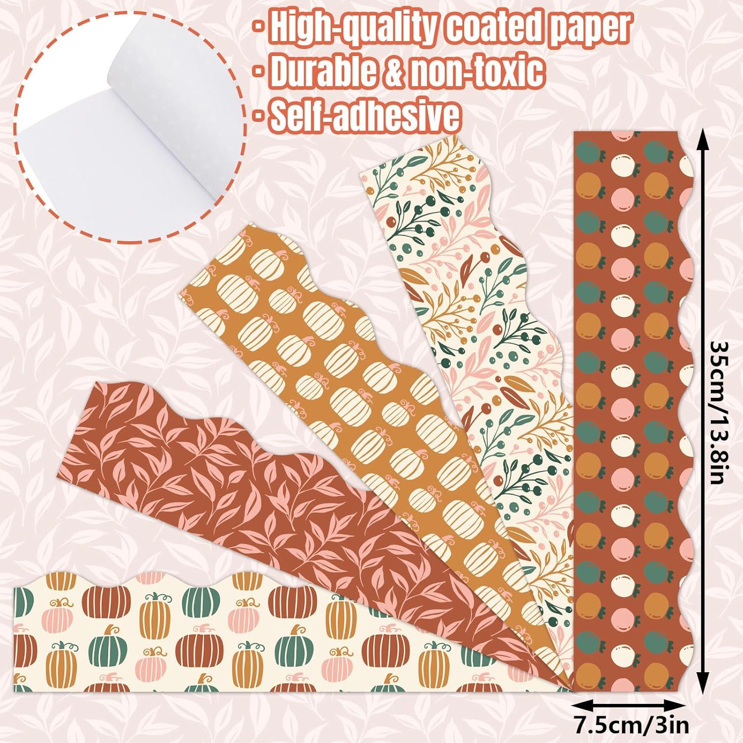 imageWhaline 69Ft Fall Boho Bulletin Board Borders Pumpkin Leaves Scalloped Border Trim Autumn Retro Bulletin Board Stickers for School Home Office Decor