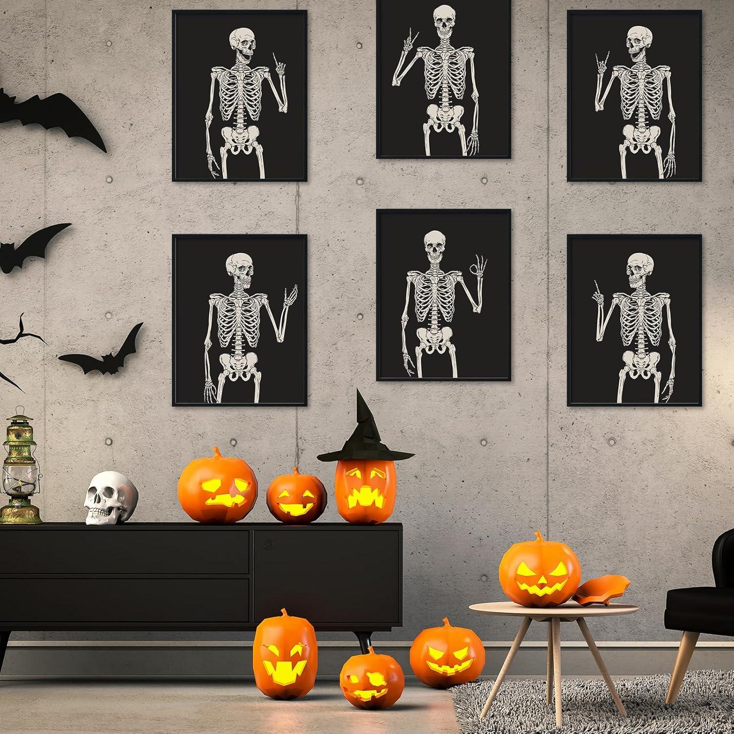 imageWhaline 6Pcs Halloween Skeleton Skull Wall Art Prints Black White Scary Skeleton Paper Art Posters Aesthetic Wall Decor for Halloween Home Gallery Living Room Bedroom 8 x 10 Inch Unframed