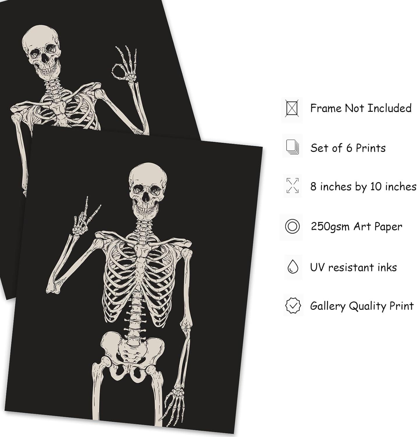 imageWhaline 6Pcs Halloween Skeleton Skull Wall Art Prints Black White Scary Skeleton Paper Art Posters Aesthetic Wall Decor for Halloween Home Gallery Living Room Bedroom 8 x 10 Inch Unframed