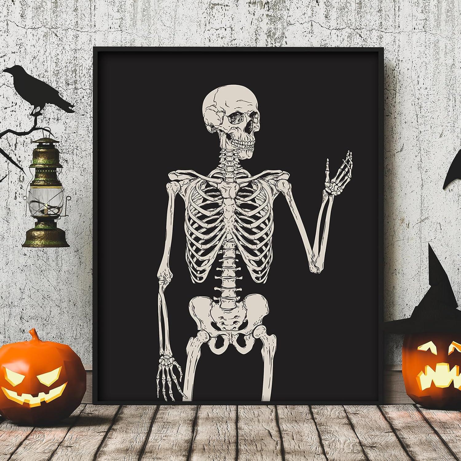 imageWhaline 6Pcs Halloween Skeleton Skull Wall Art Prints Black White Scary Skeleton Paper Art Posters Aesthetic Wall Decor for Halloween Home Gallery Living Room Bedroom 8 x 10 Inch Unframed