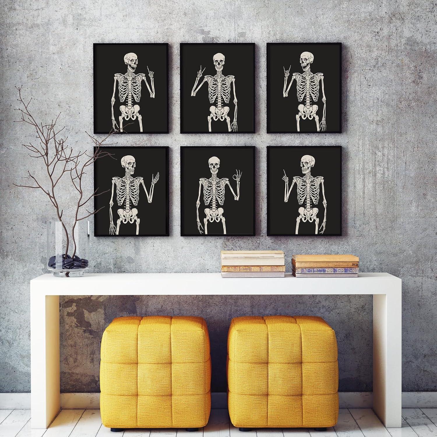 imageWhaline 6Pcs Halloween Skeleton Skull Wall Art Prints Black White Scary Skeleton Paper Art Posters Aesthetic Wall Decor for Halloween Home Gallery Living Room Bedroom 8 x 10 Inch Unframed
