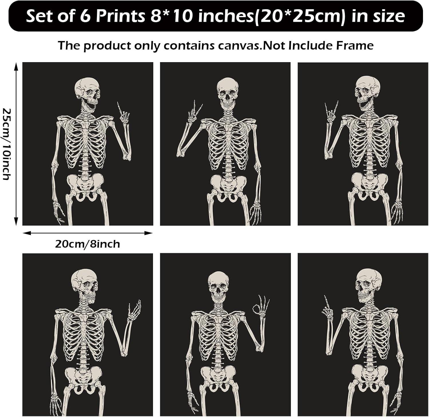 imageWhaline 6Pcs Halloween Skeleton Skull Wall Art Prints Black White Scary Skeleton Paper Art Posters Aesthetic Wall Decor for Halloween Home Gallery Living Room Bedroom 8 x 10 Inch Unframed