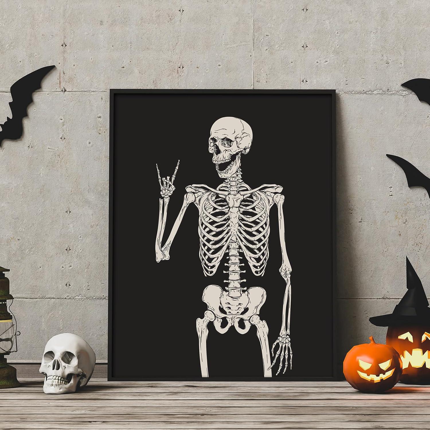 imageWhaline 6Pcs Halloween Skeleton Skull Wall Art Prints Black White Scary Skeleton Paper Art Posters Aesthetic Wall Decor for Halloween Home Gallery Living Room Bedroom 8 x 10 Inch Unframed
