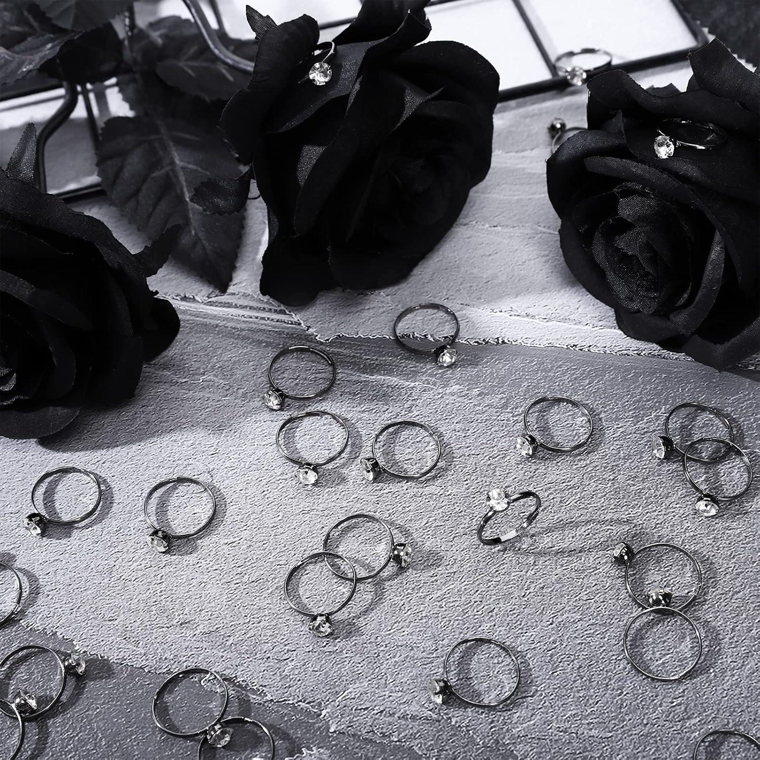 imageWhaline 72Pcs Diamond Rings Adjustable Engagement Rings Rose Gold Wedding Decorations for Wedding Table Decorations Bridal Shower Game and Party FavorsBlack