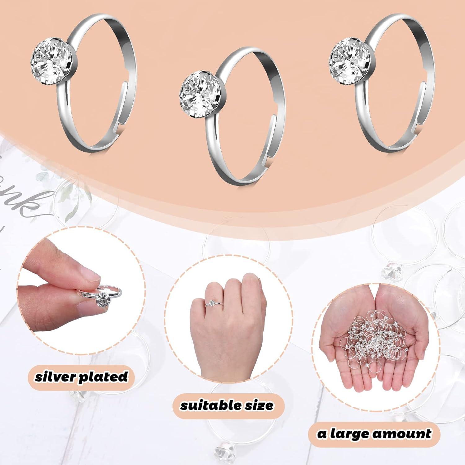 imageWhaline 72Pcs Diamond Rings Adjustable Engagement Rings Rose Gold Wedding Decorations for Wedding Table Decorations Bridal Shower Game and Party FavorsSliver