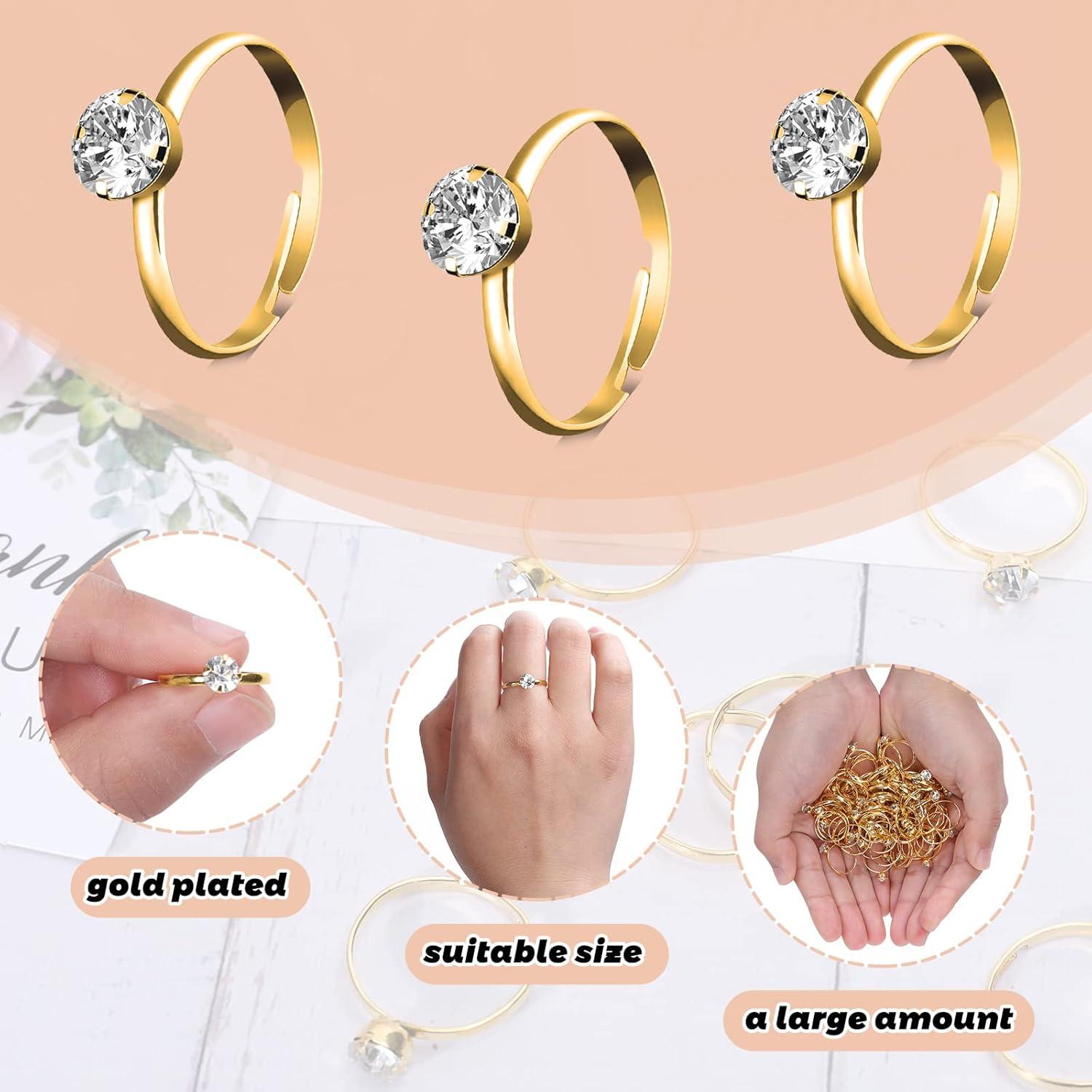 imageWhaline 72Pcs Diamond Rings Adjustable Engagement Rings Rose Gold Wedding Decorations for Wedding Table Decorations Bridal Shower Game and Party FavorsGold