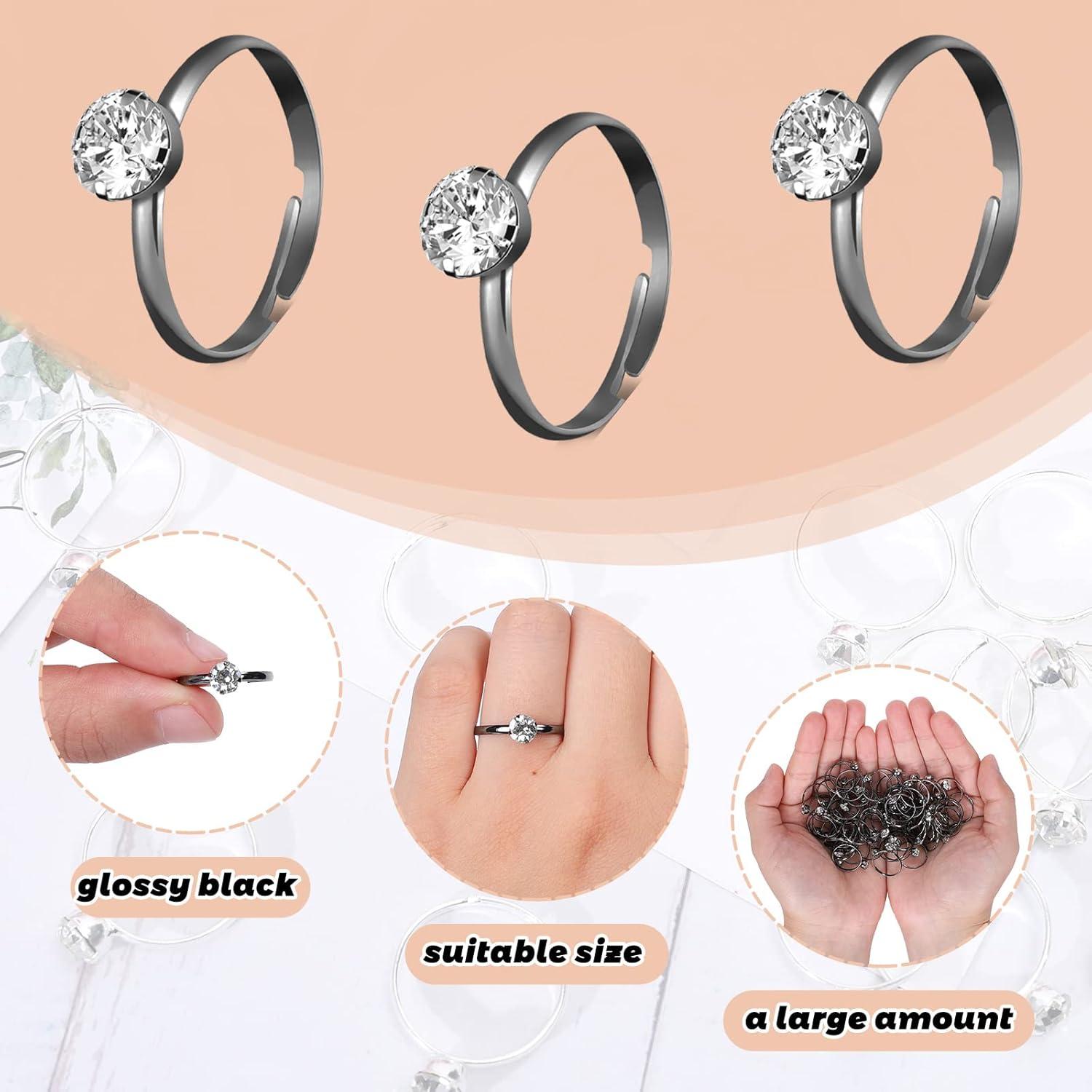 imageWhaline 72Pcs Diamond Rings Adjustable Engagement Rings Rose Gold Wedding Decorations for Wedding Table Decorations Bridal Shower Game and Party FavorsBlack