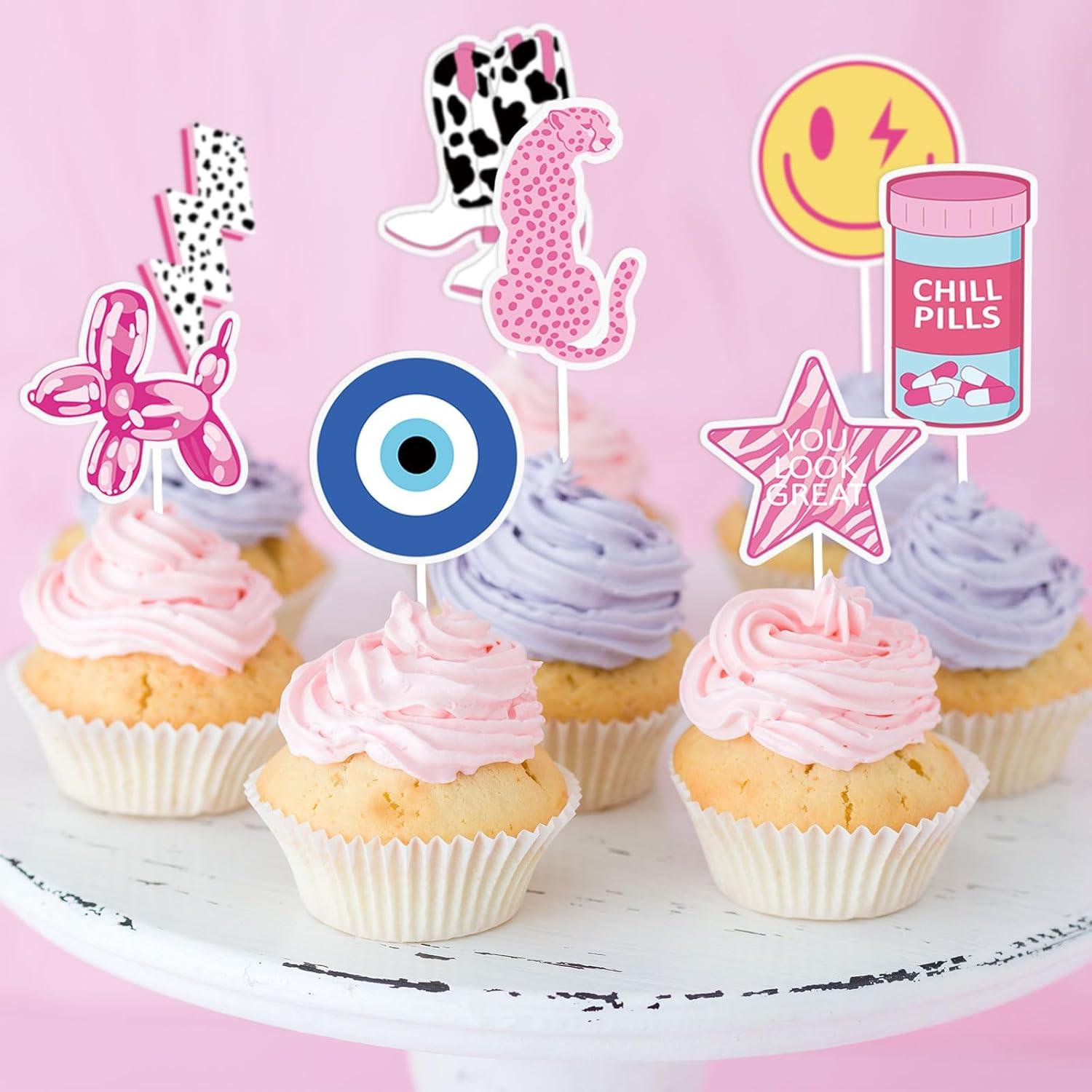 imageWhaline 72Pcs Preppy Cupcake Topper 12 Designs Pink Face Star Lightning Lips Cupcake Picks Preppy Boho Y2k Food Picks with Sticks Glue Point for Girl Birthday Bachelorette Party Supplies Cake DecorPreppy Theme