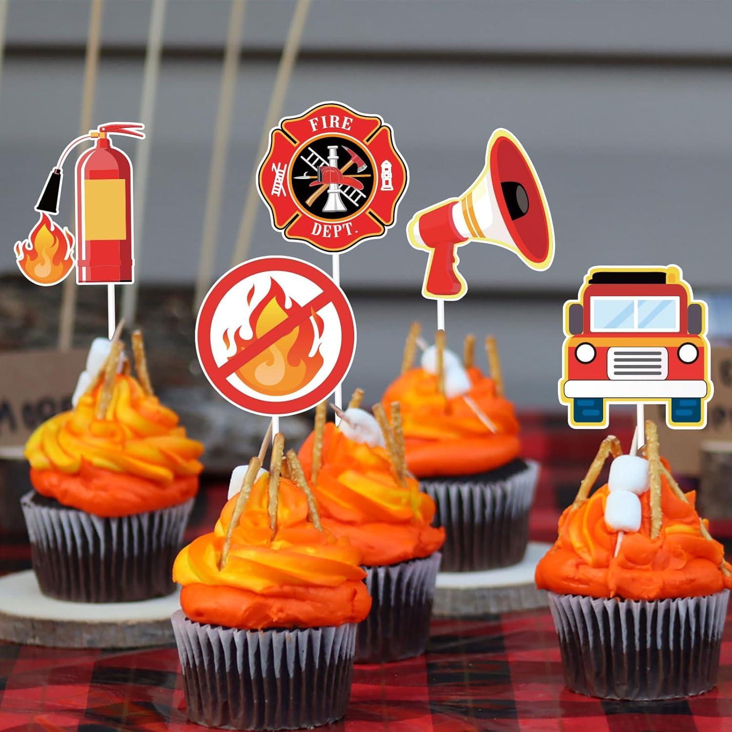 imageWhaline 72Pcs Preppy Cupcake Topper 12 Designs Pink Face Star Lightning Lips Cupcake Picks Preppy Boho Y2k Food Picks with Sticks Glue Point for Girl Birthday Bachelorette Party Supplies Cake DecorFireman Theme