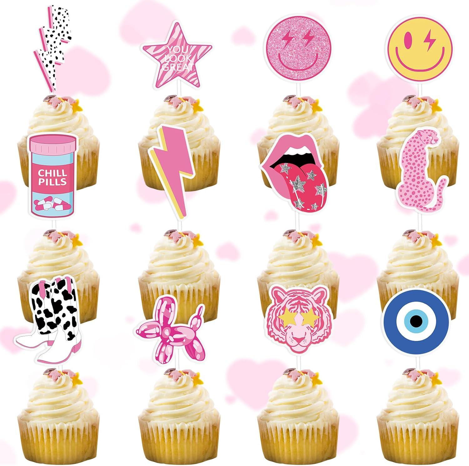imageWhaline 72Pcs Preppy Cupcake Topper 12 Designs Pink Face Star Lightning Lips Cupcake Picks Preppy Boho Y2k Food Picks with Sticks Glue Point for Girl Birthday Bachelorette Party Supplies Cake DecorPreppy Theme