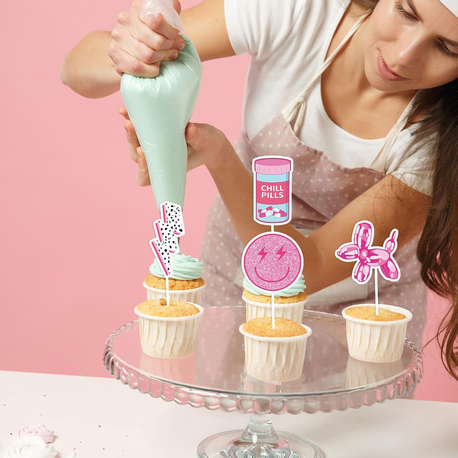 imageWhaline 72Pcs Preppy Cupcake Topper 12 Designs Pink Face Star Lightning Lips Cupcake Picks Preppy Boho Y2k Food Picks with Sticks Glue Point for Girl Birthday Bachelorette Party Supplies Cake DecorPreppy Theme
