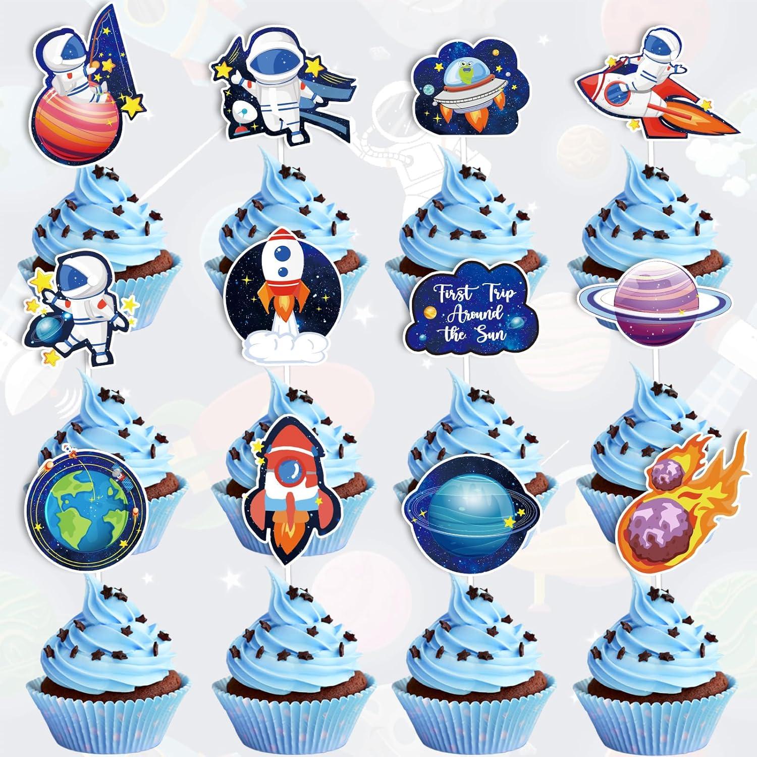 imageWhaline 72Pcs Preppy Cupcake Topper 12 Designs Pink Face Star Lightning Lips Cupcake Picks Preppy Boho Y2k Food Picks with Sticks Glue Point for Girl Birthday Bachelorette Party Supplies Cake DecorOuter Space Theme