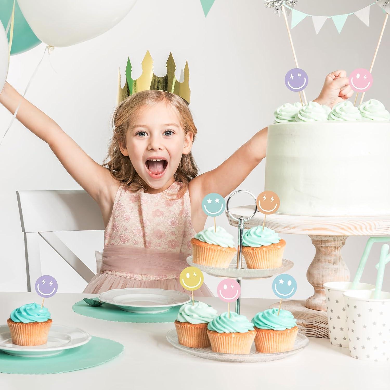 imageWhaline 72Pcs Preppy Smile Face Cupcake Toppers 6 Designs Paper Cake Decor Cute Cupcake Picks for Y2K Bachelorette Birthday Party Supplies Photo Booth Props