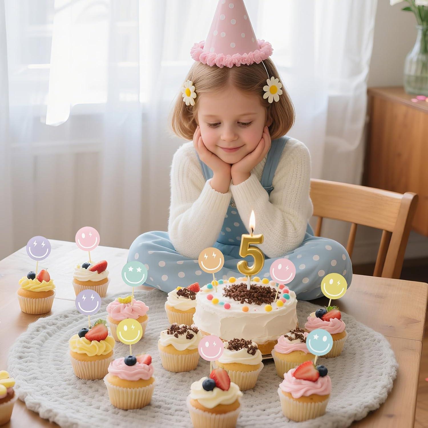 imageWhaline 72Pcs Preppy Smile Face Cupcake Toppers 6 Designs Paper Cake Decor Cute Cupcake Picks for Y2K Bachelorette Birthday Party Supplies Photo Booth Props