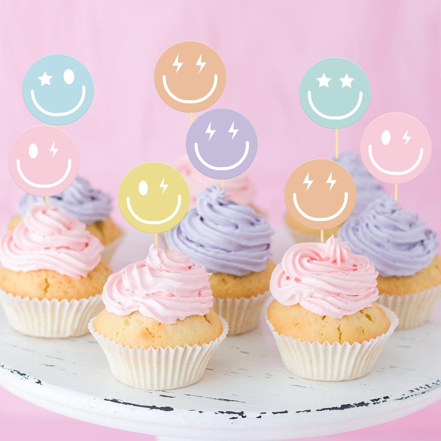 imageWhaline 72Pcs Preppy Smile Face Cupcake Toppers 6 Designs Paper Cake Decor Cute Cupcake Picks for Y2K Bachelorette Birthday Party Supplies Photo Booth Props