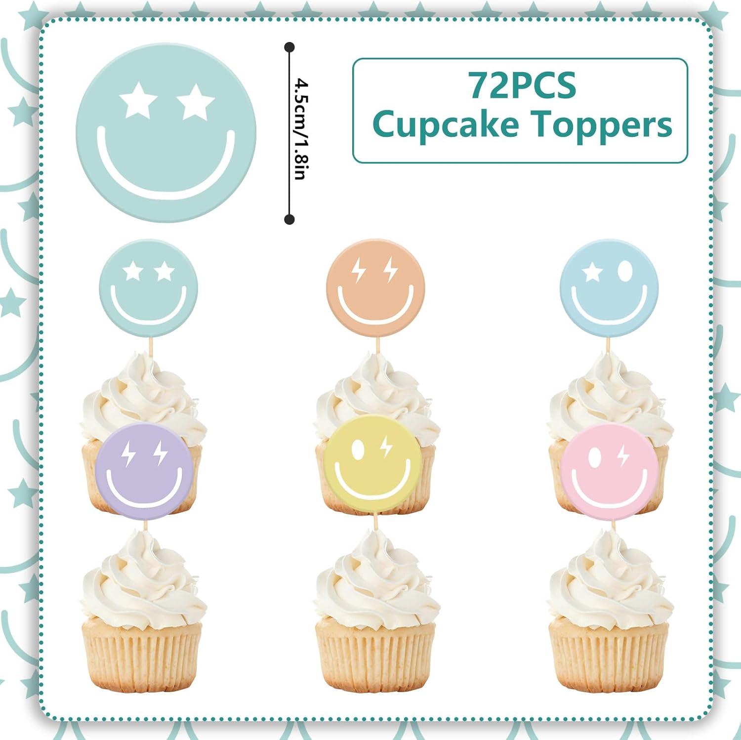 imageWhaline 72Pcs Preppy Smile Face Cupcake Toppers 6 Designs Paper Cake Decor Cute Cupcake Picks for Y2K Bachelorette Birthday Party Supplies Photo Booth Props