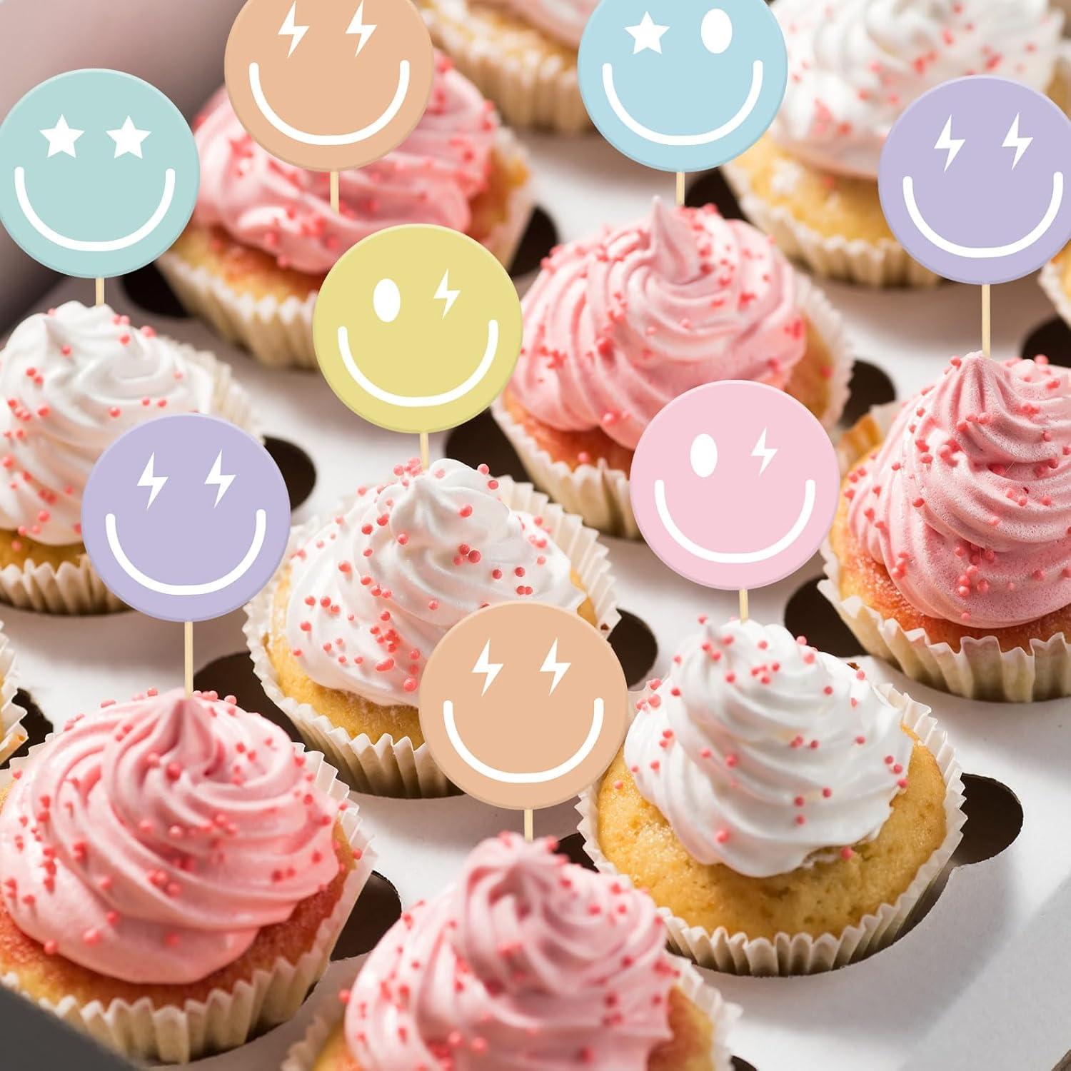 imageWhaline 72Pcs Preppy Smile Face Cupcake Toppers 6 Designs Paper Cake Decor Cute Cupcake Picks for Y2K Bachelorette Birthday Party Supplies Photo Booth Props