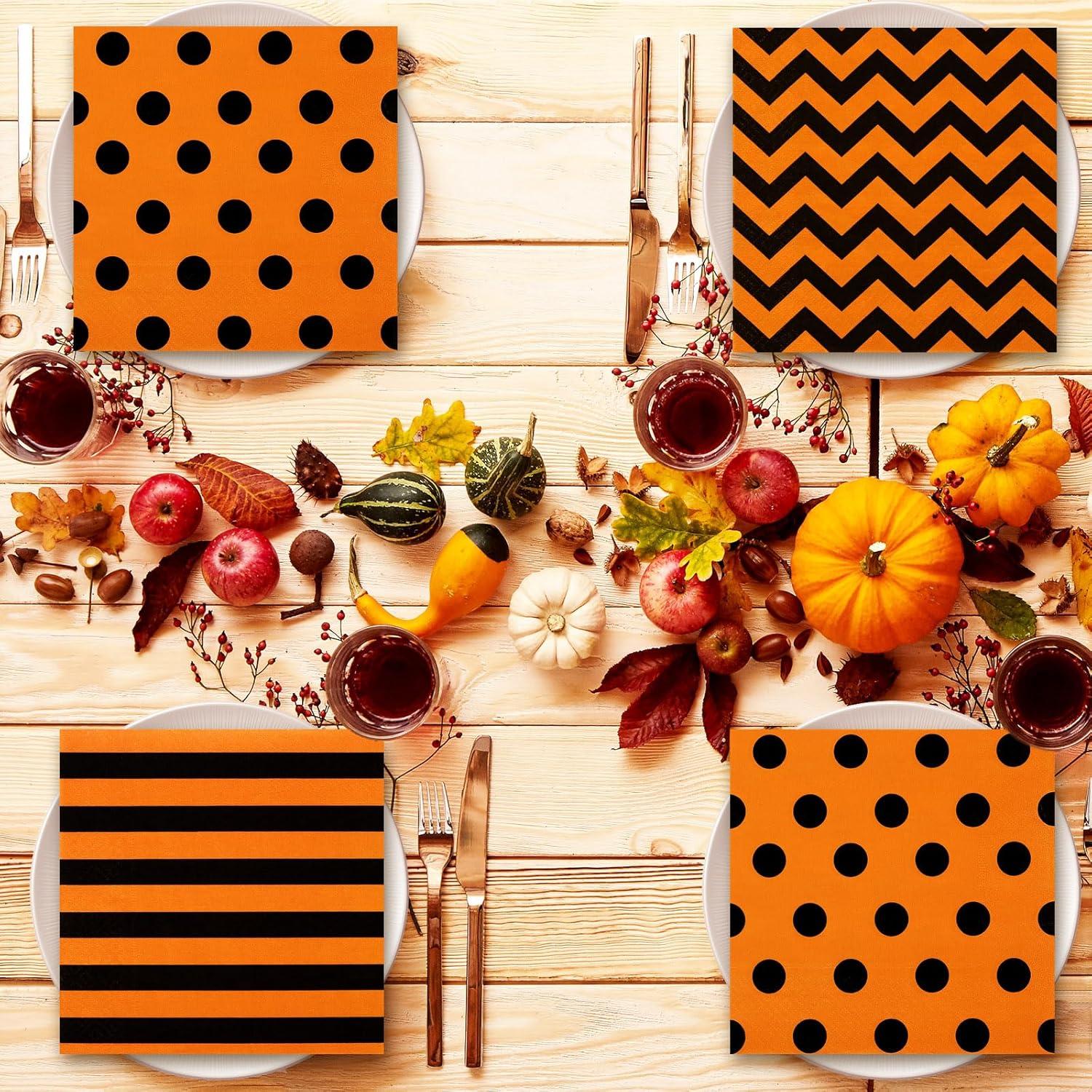 imageWhaline 75Pcs Halloween Paper Napkin 65 Inch Orange Black Stripe Wave Polka Dot Luncheon Napkins Geometric Disposable Dinner Napkins for Halloween Party Supplies Tabletop Kitchen Decorblack orange