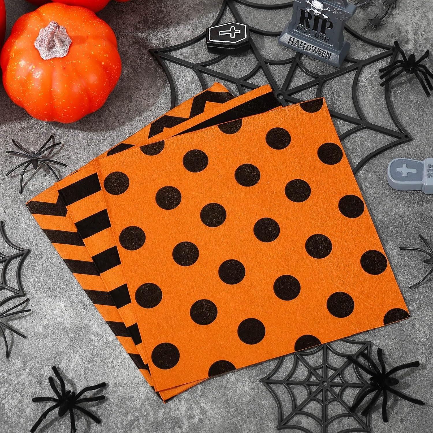 imageWhaline 75Pcs Halloween Paper Napkin 65 Inch Orange Black Stripe Wave Polka Dot Luncheon Napkins Geometric Disposable Dinner Napkins for Halloween Party Supplies Tabletop Kitchen Decorblack orange