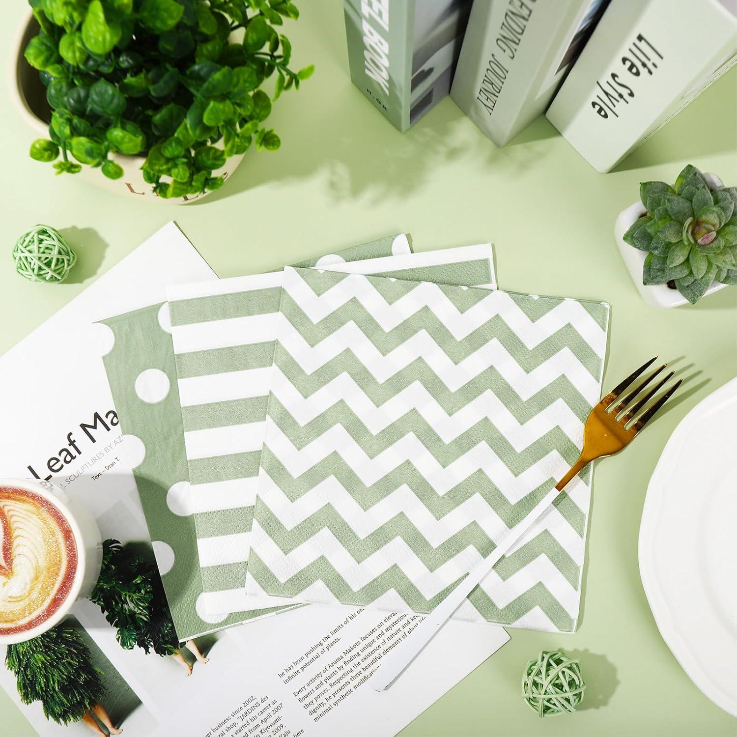 imageWhaline 75Pcs Halloween Paper Napkin 65 Inch Orange Black Stripe Wave Polka Dot Luncheon Napkins Geometric Disposable Dinner Napkins for Halloween Party Supplies Tabletop Kitchen DecorSage Green