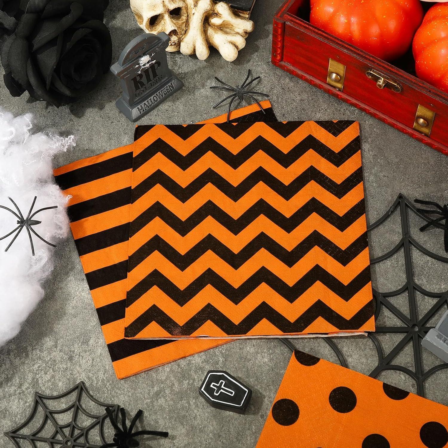 imageWhaline 75Pcs Halloween Paper Napkin 65 Inch Orange Black Stripe Wave Polka Dot Luncheon Napkins Geometric Disposable Dinner Napkins for Halloween Party Supplies Tabletop Kitchen Decorblack orange