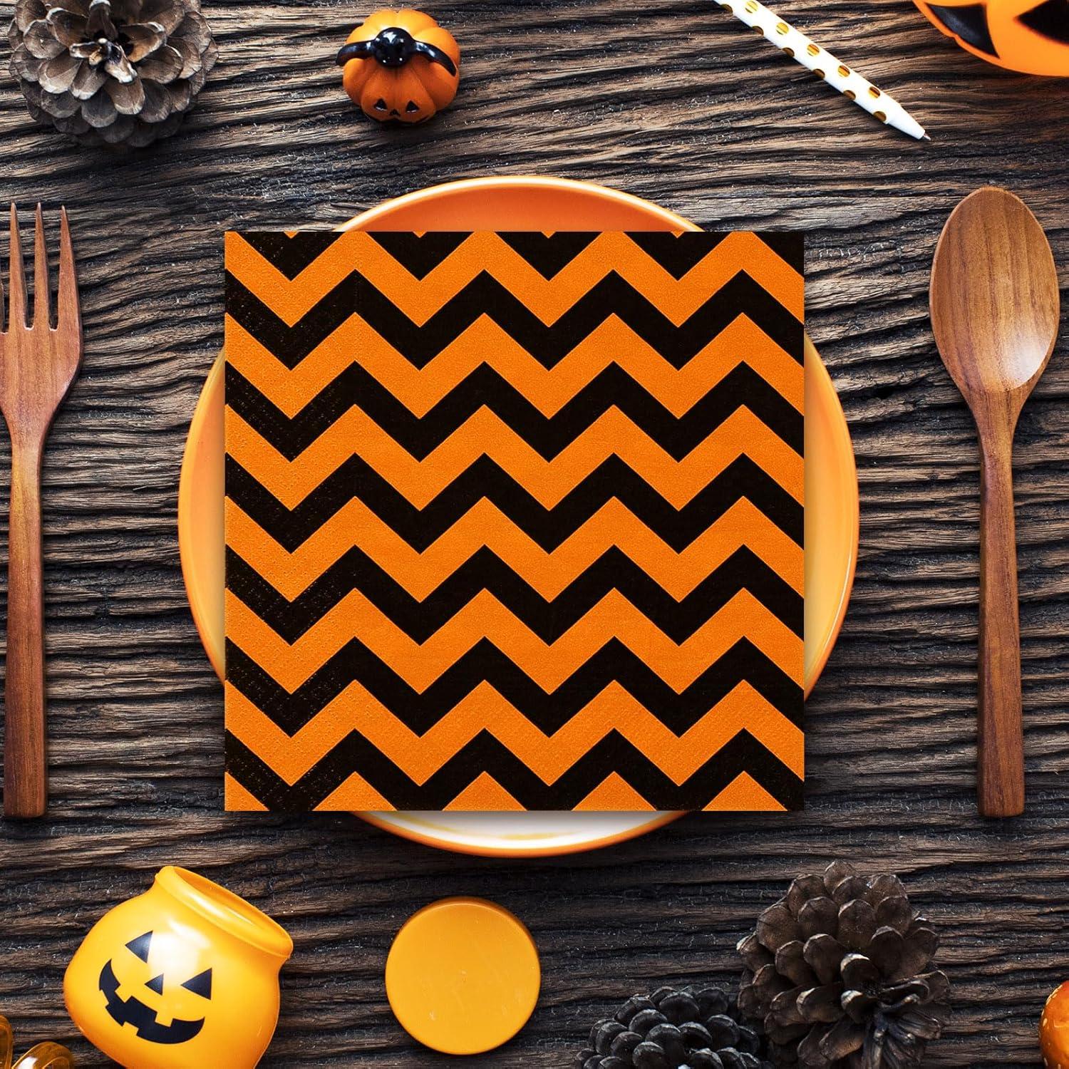 imageWhaline 75Pcs Halloween Paper Napkin 65 Inch Orange Black Stripe Wave Polka Dot Luncheon Napkins Geometric Disposable Dinner Napkins for Halloween Party Supplies Tabletop Kitchen Decorblack orange