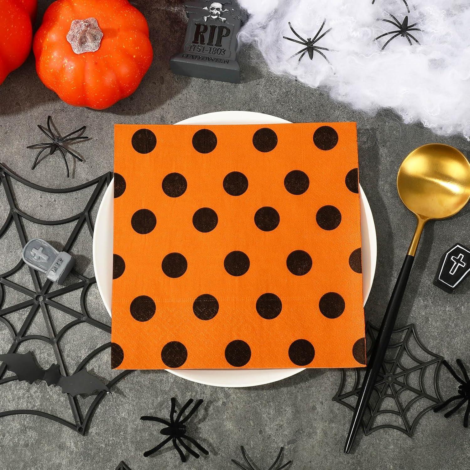 imageWhaline 75Pcs Halloween Paper Napkin 65 Inch Orange Black Stripe Wave Polka Dot Luncheon Napkins Geometric Disposable Dinner Napkins for Halloween Party Supplies Tabletop Kitchen Decorblack orange