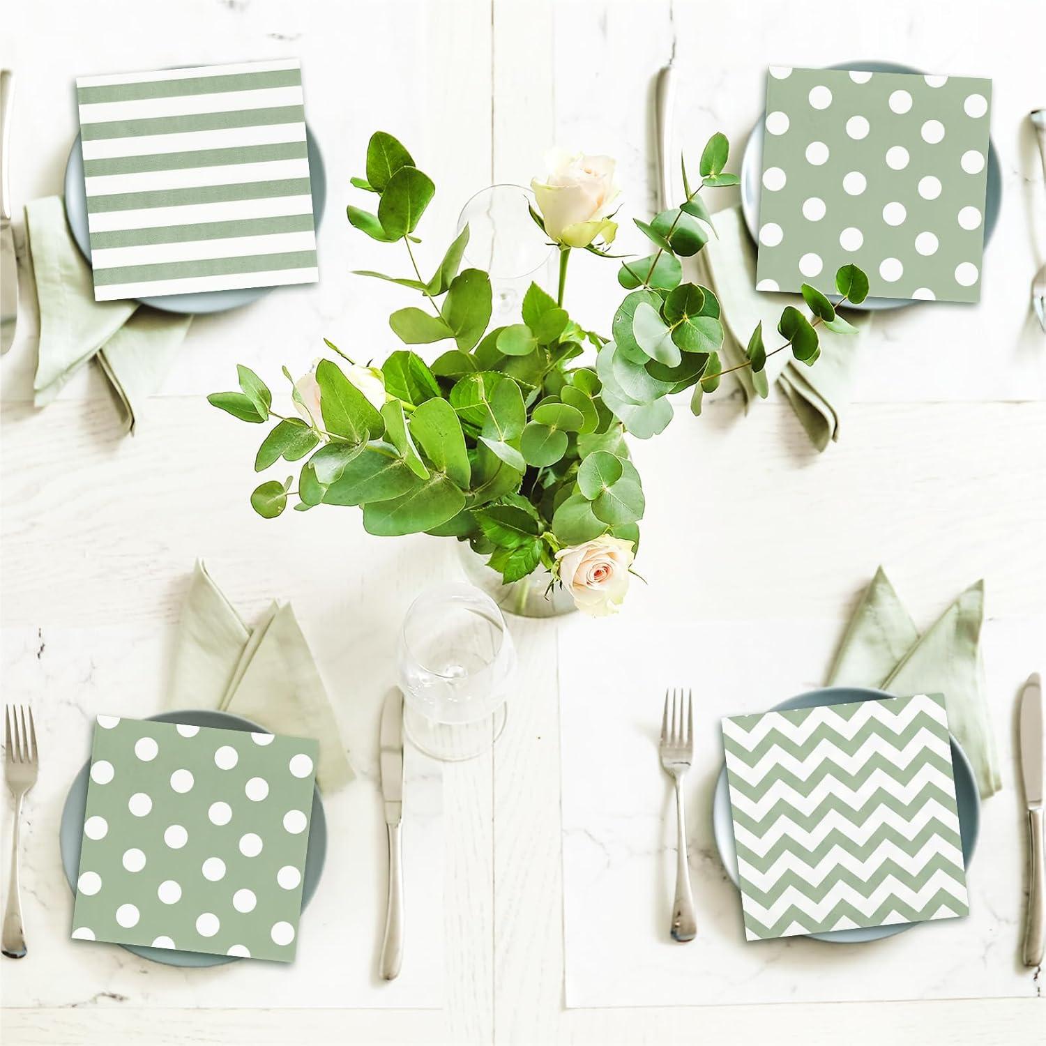 imageWhaline 75Pcs Halloween Paper Napkin 65 Inch Orange Black Stripe Wave Polka Dot Luncheon Napkins Geometric Disposable Dinner Napkins for Halloween Party Supplies Tabletop Kitchen DecorSage Green