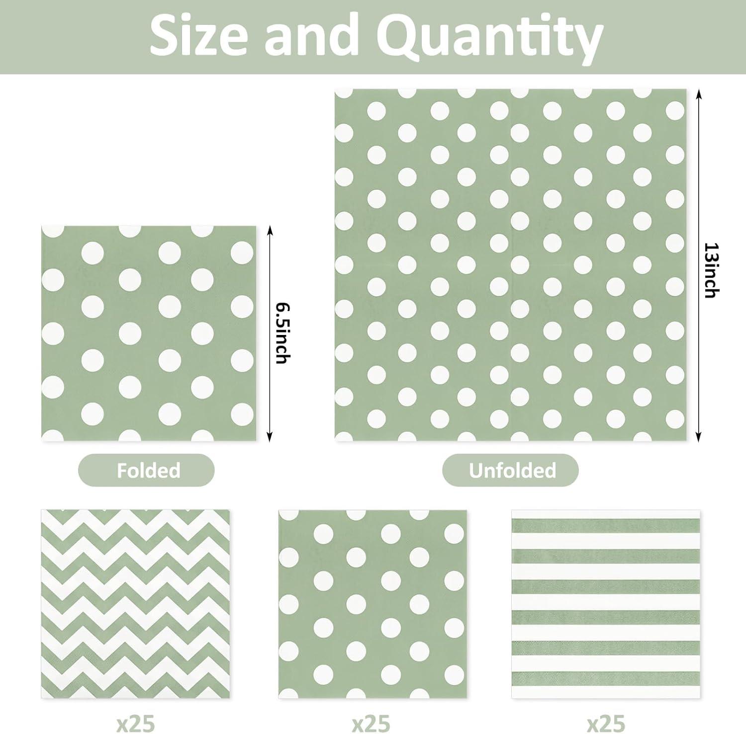 imageWhaline 75Pcs Halloween Paper Napkin 65 Inch Orange Black Stripe Wave Polka Dot Luncheon Napkins Geometric Disposable Dinner Napkins for Halloween Party Supplies Tabletop Kitchen DecorSage Green