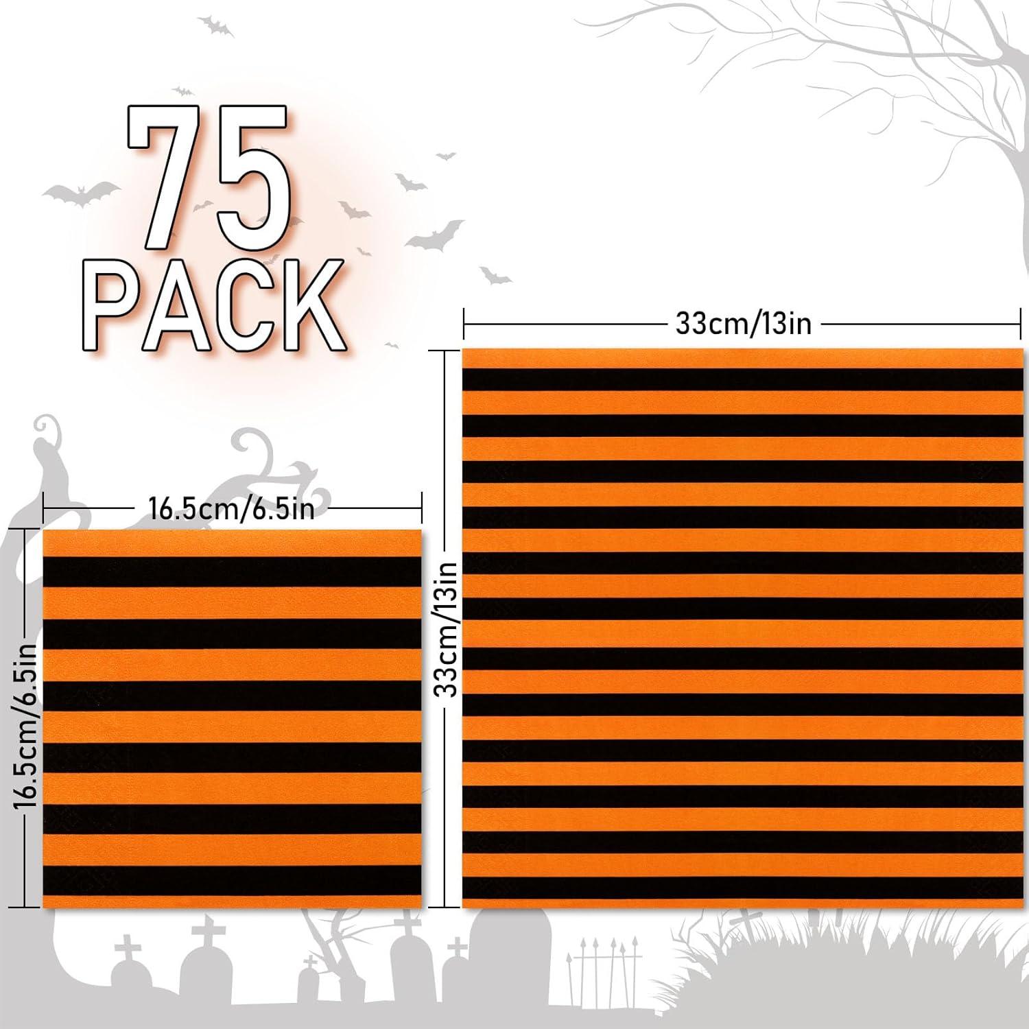 imageWhaline 75Pcs Halloween Paper Napkin 65 Inch Orange Black Stripe Wave Polka Dot Luncheon Napkins Geometric Disposable Dinner Napkins for Halloween Party Supplies Tabletop Kitchen Decorblack orange