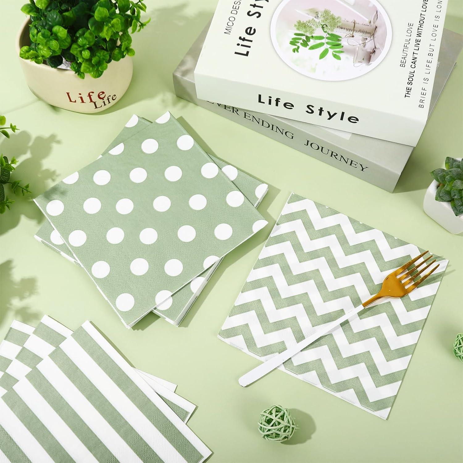 imageWhaline 75Pcs Halloween Paper Napkin 65 Inch Orange Black Stripe Wave Polka Dot Luncheon Napkins Geometric Disposable Dinner Napkins for Halloween Party Supplies Tabletop Kitchen DecorSage Green