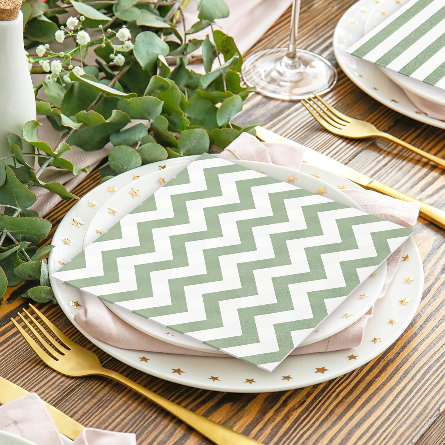 imageWhaline 75Pcs Halloween Paper Napkin 65 Inch Orange Black Stripe Wave Polka Dot Luncheon Napkins Geometric Disposable Dinner Napkins for Halloween Party Supplies Tabletop Kitchen DecorSage Green