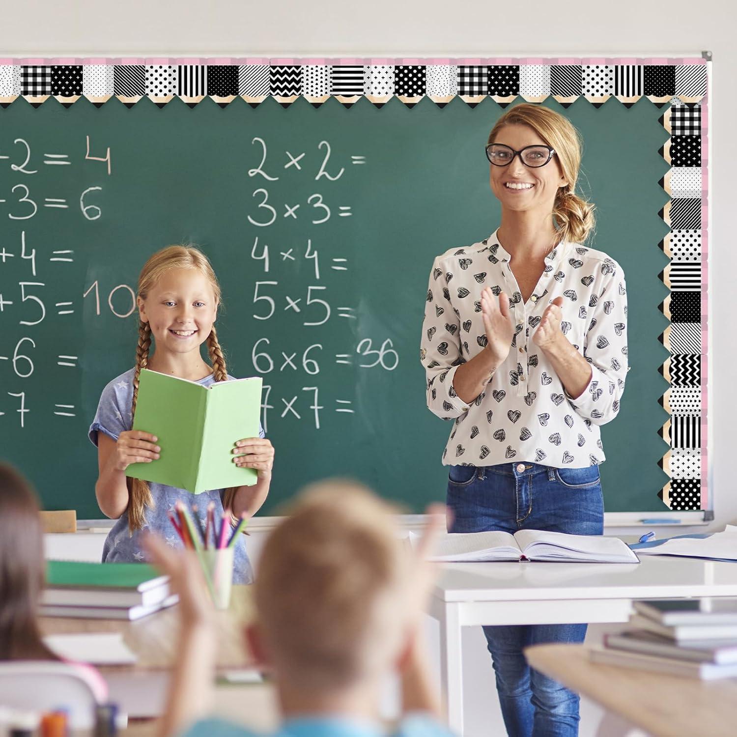 imageWhaline 80FT Black White Bulletin Border Sticker 70 Sheet Pencil Border Trim Back to School Decoration for Teacher Student Classroom School Blackboard Chalkboard Whiteboard 2 DesignsBlack White