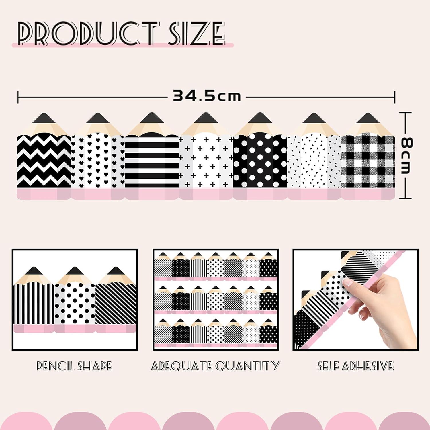 imageWhaline 80FT Black White Bulletin Border Sticker 70 Sheet Pencil Border Trim Back to School Decoration for Teacher Student Classroom School Blackboard Chalkboard Whiteboard 2 DesignsBlack White