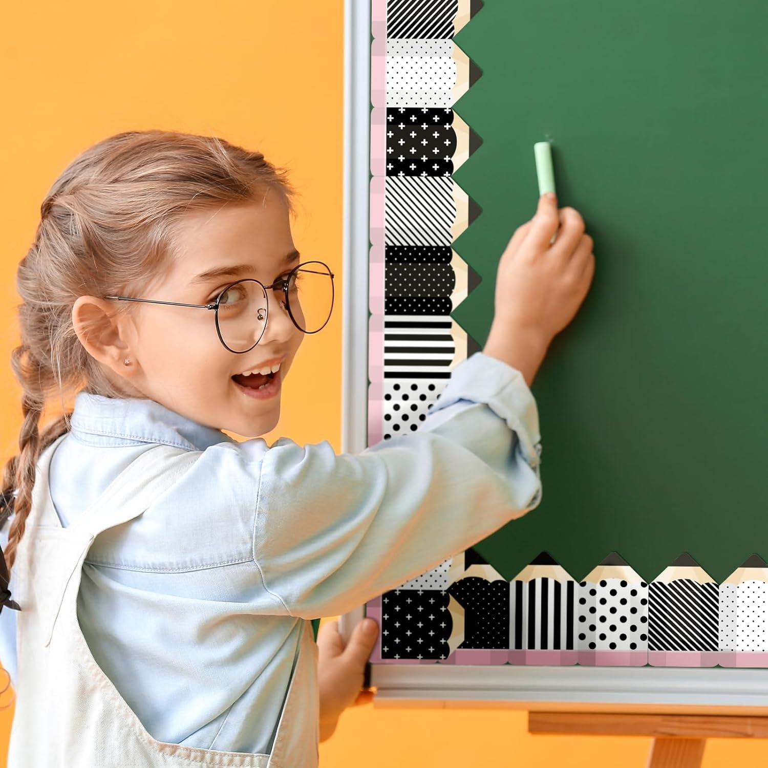 imageWhaline 80FT Black White Bulletin Border Sticker 70 Sheet Pencil Border Trim Back to School Decoration for Teacher Student Classroom School Blackboard Chalkboard Whiteboard 2 DesignsBlack White