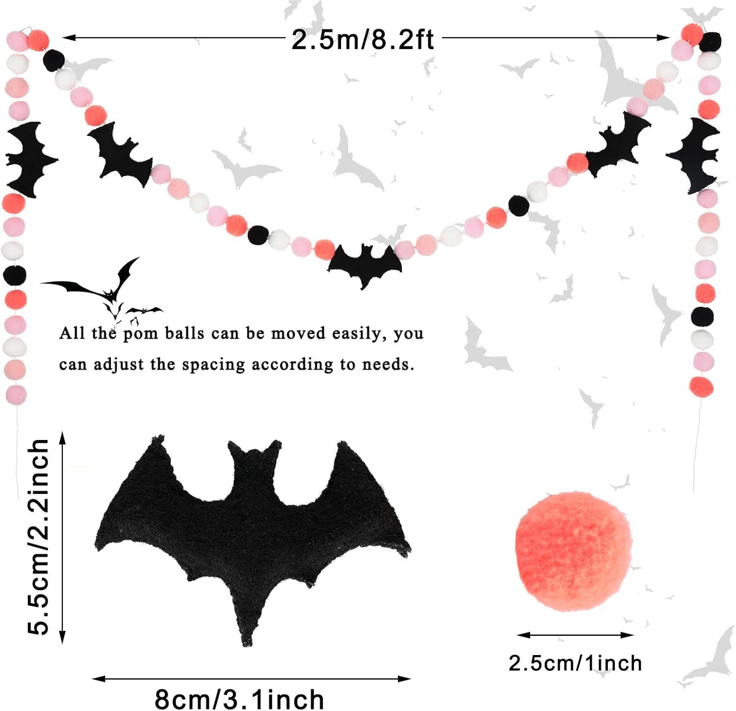 imageWhaline 82Ft Halloween Banner Felt Bats Balls Banner Black White Pink Decorative Pom Pom Banner Halloween Party Pom Garland for Halloween Haunted Houses Decoration Doorways Home Mantel Supplies