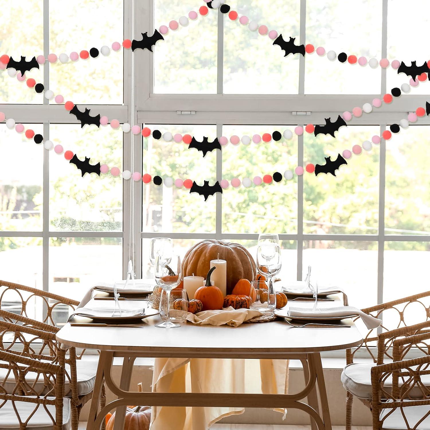 imageWhaline 82Ft Halloween Banner Felt Bats Balls Banner Black White Pink Decorative Pom Pom Banner Halloween Party Pom Garland for Halloween Haunted Houses Decoration Doorways Home Mantel Supplies
